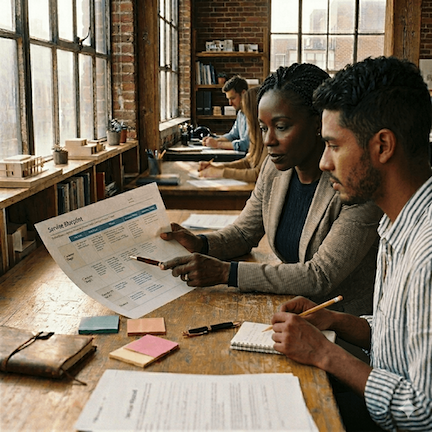 Two colleagues reviewing a service blueprint document together at a table