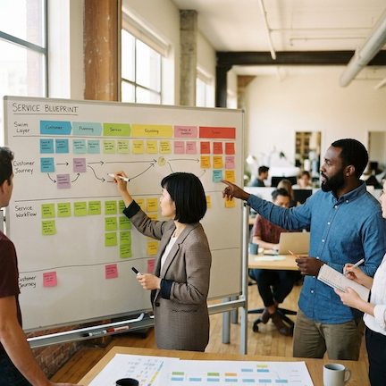 Team mapping a service blueprint on a whiteboard