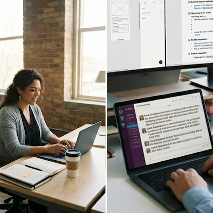 Researcher working on laptop alongside a Slack conversation on screen
