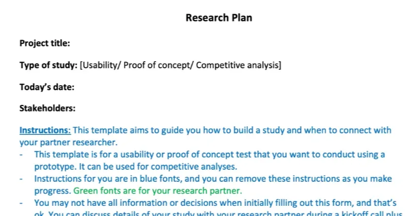 Research Plan template cover page showing project title, type of study, date, stakeholders, and instructions fields