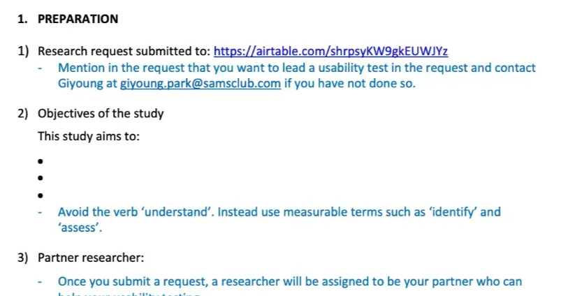 Research Plan template preparation section showing research request, study objectives, and partner researcher steps