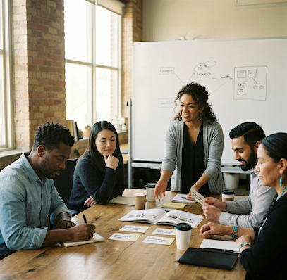 Researcher leading a live training session with a team around a table