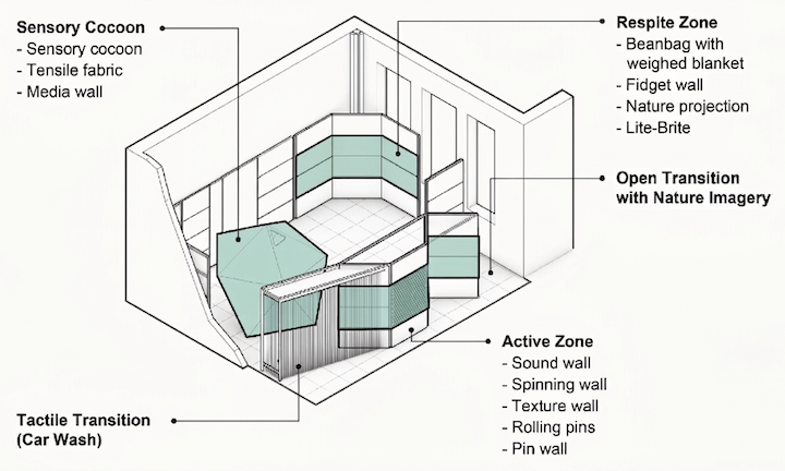 Axonometric diagram of the sensory hub showing three zones (active, respite, and sensory cocoon) and two entryways: a tactile car wash and an open transition with nature imagery